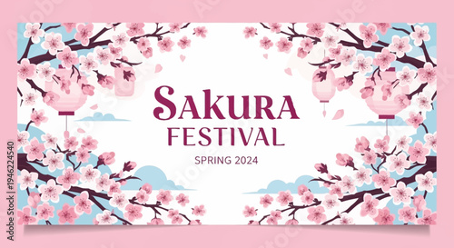 Sakura Festival Spring 2024 Banner with Cherry Blossoms and Japanese Lanterns