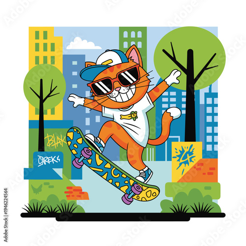 Cool Cartoon Cat Skateboarding in the City Street Vector Illustration