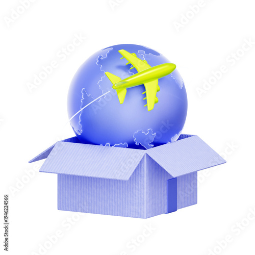 3D illustration of an open box containing a globe with airplane, worldwide shipping features, air cargo services, cross-border trade dashboards, and export user interfaces.
