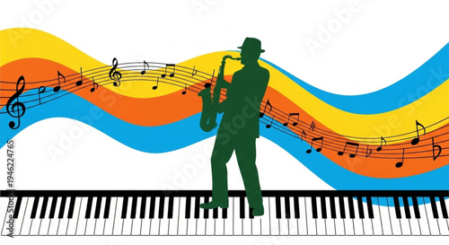 International Jazz Day Jazz music illustration with a musician playing saxophone and piano keys on a colorful wavy background with musical notes, representing live performance and entertainment