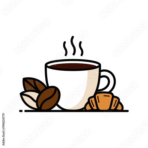 Steaming Coffee Cup with Croissant and Coffee Beans