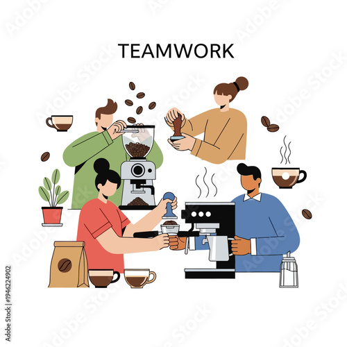 Teamwork making coffee, people collaborating to prepare espresso with coffee machine