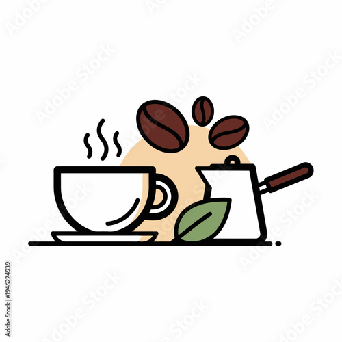 Hot Coffee Cup with Beans and Coffee Pot, Morning Brew Concept