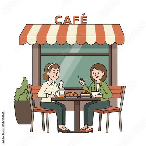 Two women enjoying coffee and pastries at an outdoor cafe table