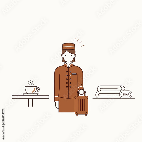 Hotel Bellhop with Luggage, Coffee, and Towels - Hospitality Service