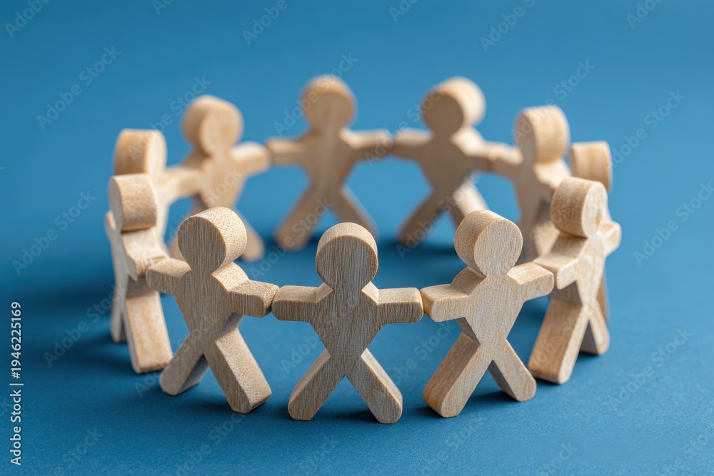 Obraz premium Circle of Unity: A symbolic wooden figures stand together in a circle, arms interlocked, symbolizing unity, teamwork, and a sense of community. The figures are placed on a contrasting surface.
