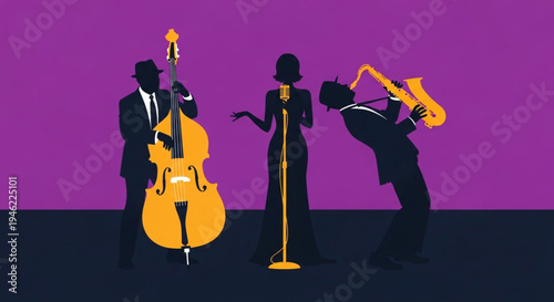A vibrant stylized illustration showcasing a classic jazz band performance with a female singer, a double bass player, and a saxophonist creating a lively musical atmosphere and vintage appeal