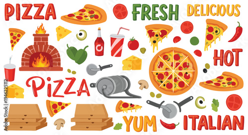 A colorful arrangement of pizza icons, toppings, and text on a white background.