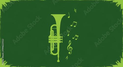 International Jazz Day A Vintage Trumpet Illustration with Musical Notes Floating Around it on a Green Background