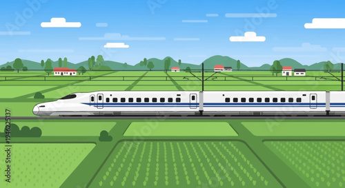 High Speed Bullet Train Traveling Through Rural Japanese Countryside Landscape