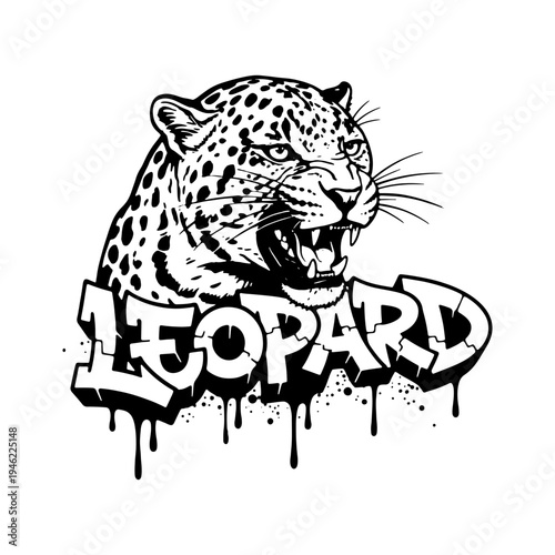 Aggressive leopard head illustration combined with urban graffiti wall art text