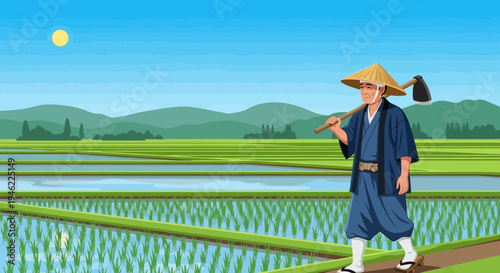 Japanese Farmer Walking Through Lush Green Rice Paddy Fields