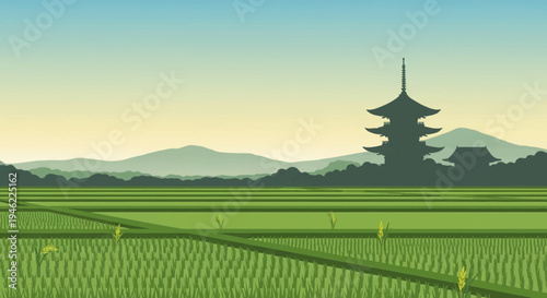 Japanese Rural Landscape with Rice Fields and Traditional Pagoda Silhouette