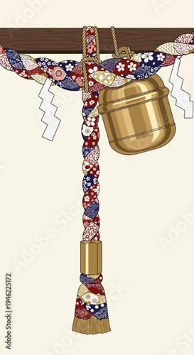 Japanese Shinto Shrine Bell and Suzu Rope with Floral Pattern