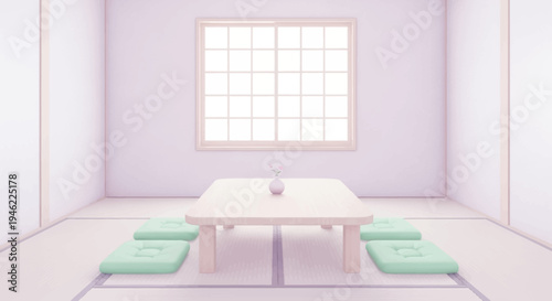 Minimalist Japanese Tatami Room with Low Table and Pastel Cushions