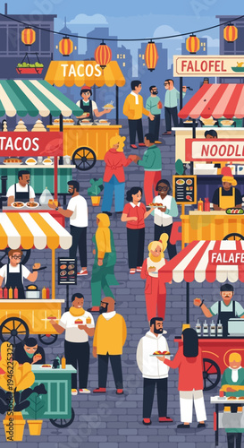 Street Food Market Scene with Diverse People and Various Food Stalls