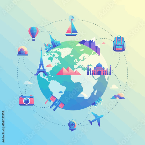 Global Travel Destinations: Iconic Landmarks, Transportation, and Adventure Icons Around Earth