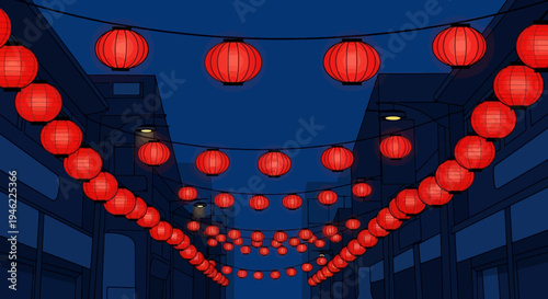 Traditional Red Chinese Lanterns Hanging in Night Street