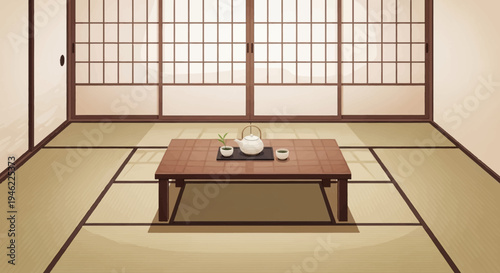 Traditional Japanese Tatami Room with Tea Table and Shoji Screens