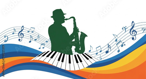 International Jazz Day Dynamic illustration of a jazz saxophonist's silhouette performing on a piano keyboard, framed by vibrant abstract waves and flowing musical notes
