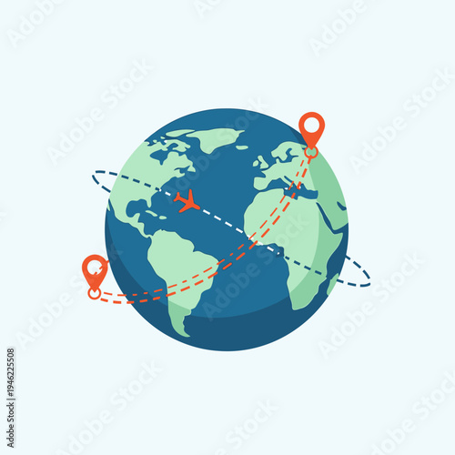 Global travel routes with airplane and location pins on planet Earth