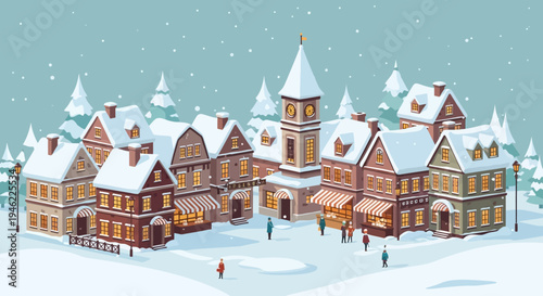 Isometric Winter Village Scene with Snow Covered Houses and Clock Tower