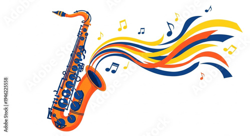 Vibrant Saxophone Illustration with Colorful Musical Notes Emanating from the Bell, Symbolizing Jazz and Melody