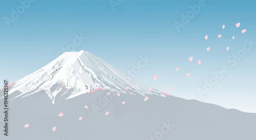 Mt Fuji with Falling Cherry Blossom Petals Illustration