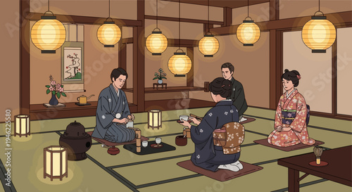 People Participating in a Traditional Japanese Tea Ceremony in a Lantern Lit Room