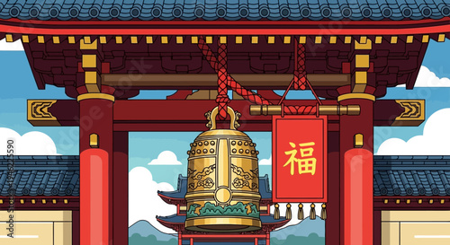 Pixel Art Illustration of Traditional Chinese Temple Gate with Golden Bell and Fortune Banner