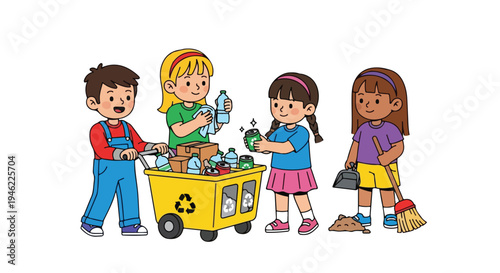 Four diverse children engage in eco-friendly activities, with some recycling plastic bottles and cans in a cart while others sweep and clean.