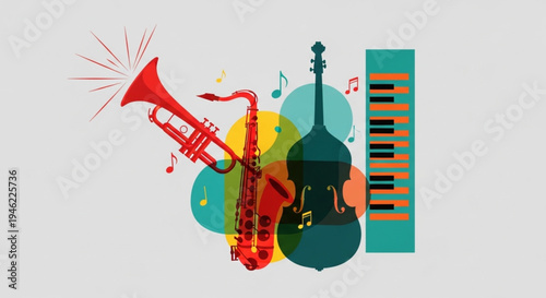 International Jazz Day Abstract vector illustration of musical instruments trumpet, saxophone, double bass, with vibrant notes and geometric shapes, symbolizing rhythm and melody