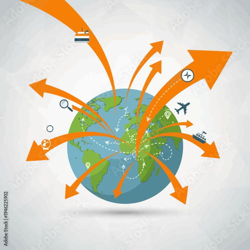 Global logistics and transportation network, worldwide shipping and travel routes, international trade