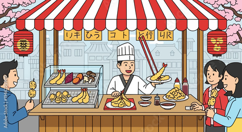 Japanese Street Food Stall Serving Tempura During Cherry Blossom Season