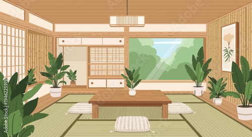 Minimalist Japanese Interior with Tatami Mats and Houseplants