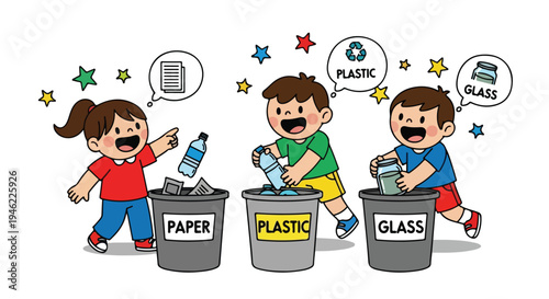 Three happy children are actively sorting paper, plastic, and glass into separate, labeled recycling bins, promoting good environmental habits.