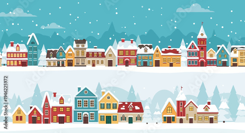 Seamless Winter Townscape Illustration with Snowy Houses and Pine Trees