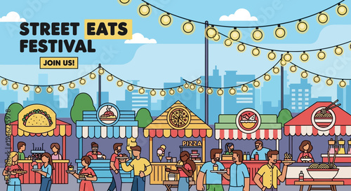 Street Eats Festival Illustration with Food Stalls and Happy People