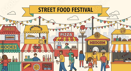 Street Food Festival Market Stalls with People Illustration