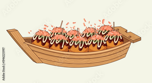 Takoyaki Octopus Balls in a Wooden Boat Container