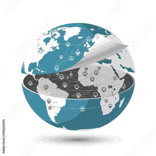 Global Network Connections: Earth Layers with Digital Data Flow and Communication Icons