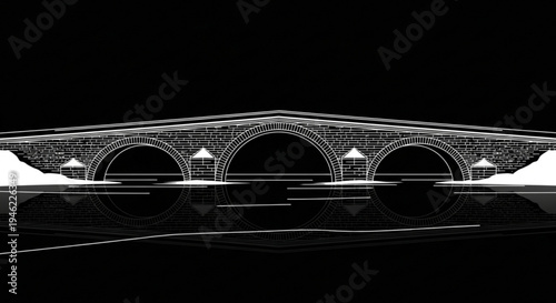 Detailed architectural drawing of a historic brick arched bridge with street lamps on a dark background