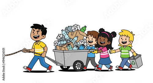 Four diverse children happily collaborate to collect and transport recyclables in a cart and bin, promoting environmental care.