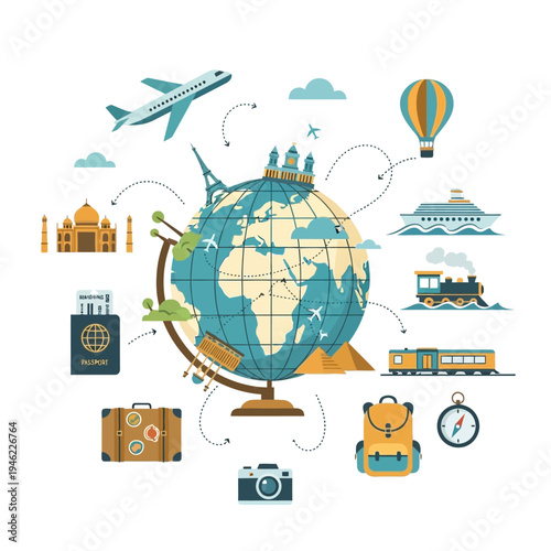 Global Travel and Tourism Concept: Globe with Transportation, Landmarks, and Luggage