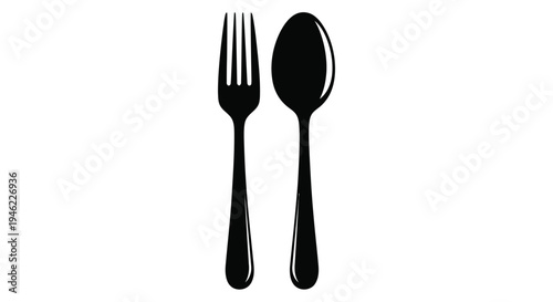 Simple black and white illustration of a fork and spoon side by side
