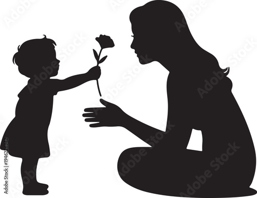Child giving flower to mother vector silhouette