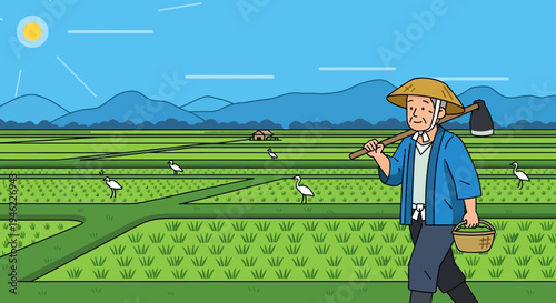 Elderly Japanese Farmer Walking in Rice Paddy Field with Traditional Hat and Tool