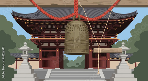 Illustration of a Traditional Japanese Temple Gate with a Hanging Bronze Bell