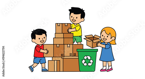 Children joyfully stack and recycle cardboard boxes into a green bin, demonstrating teamwork and environmental responsibility.