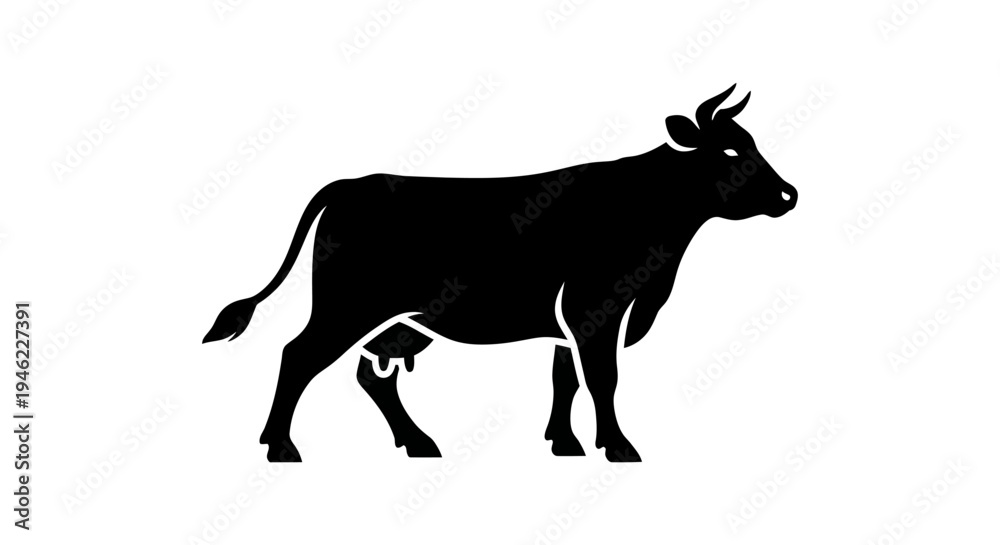 Fototapeta premium Silhouette of a Cow Walking in a Rural Farm Landscape at Dusk. Vector Illustrations. EPS Editable